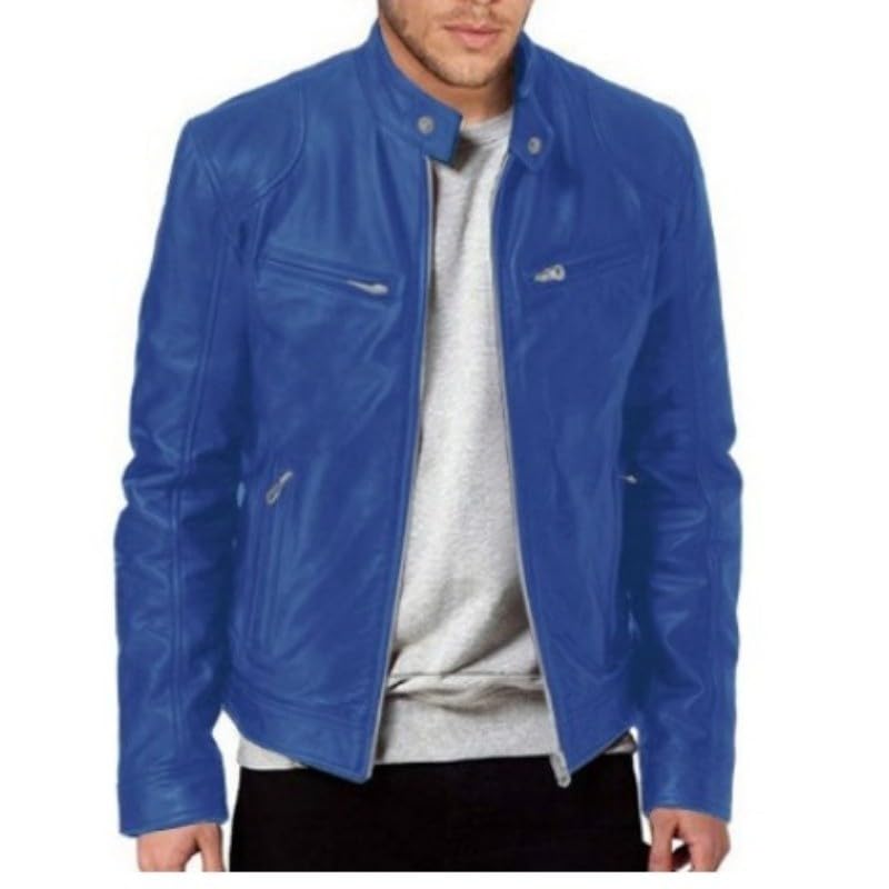 Veste rétro en cuir bleu homme manteau motard zippé vêtement extérieur L