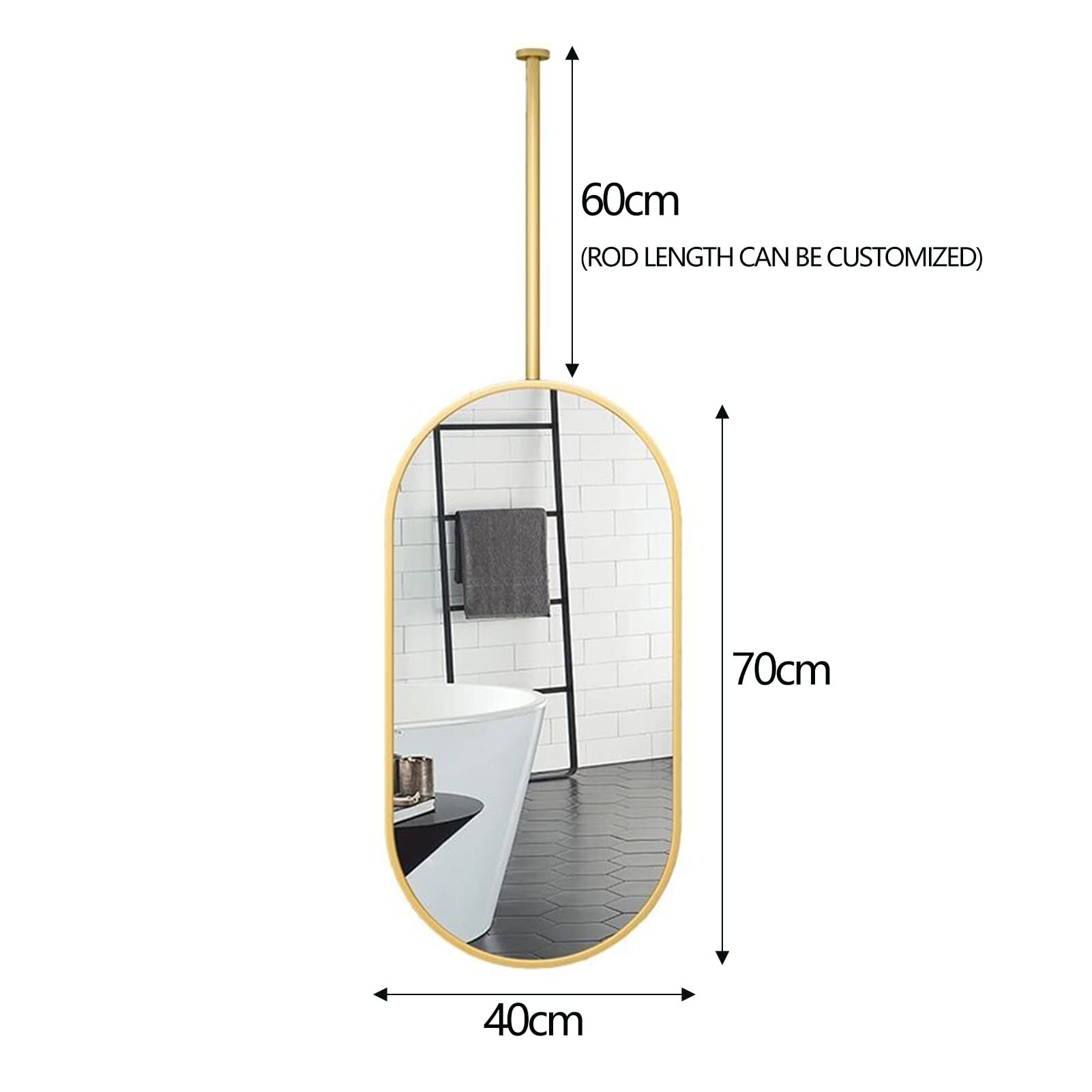 Specchio per asta sospesa a soffitto con struttura in metallo e asta, specchio semplice decorativo da parete per bagno chiaro e pratico, specchi da barba (dimensioni : 40cmx70cm)