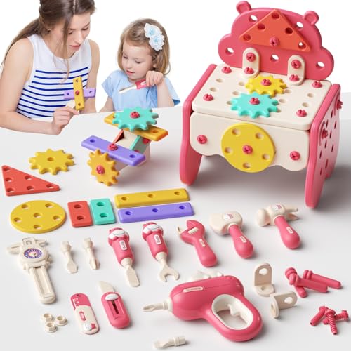 Image of hunloot Kids Tool Set,Birthday Gift for 3 4 5+ Years,Toddler Tool Set with Electronic Toy Drill and Portable Toolbox, Toddler Construction Toy Tools Kit, Girls Pretend PlayTool Set (Pink)
