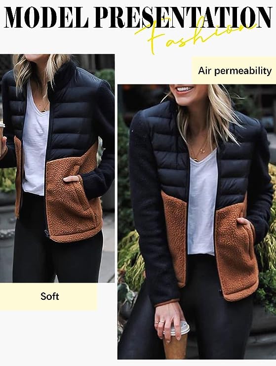 Womens Long-Sleeve Zipper Front Patchwork Down Jacket Slim Fit Contrast Color Coat Fall Winter Sherpa Fleece Jacket3