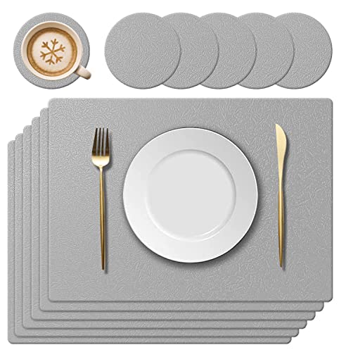 KERYCHIN 6 manteles individuales de silicona + 6 posavasos antideslizantes con patrón de hojas, resistente al calor 230 °C, resistente al agua para cocina, hogar, 40x30 cm, color gris claro Cover