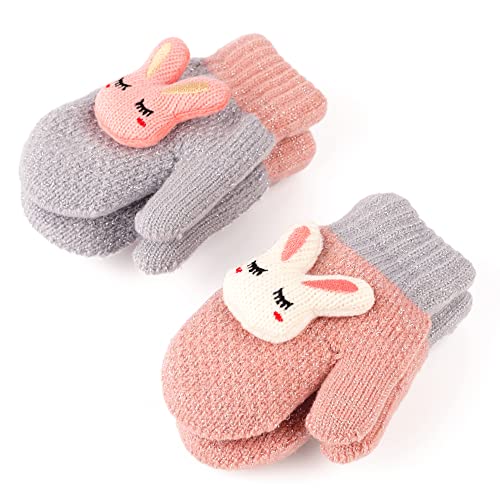 F Flammi 2 Pairs Toddler Mittens For Baby Boys Girls Winter Sherpa Lined Warm Knit Mittens Cartoon Bunny Kids Gloves (1-3 Years) #TOP1