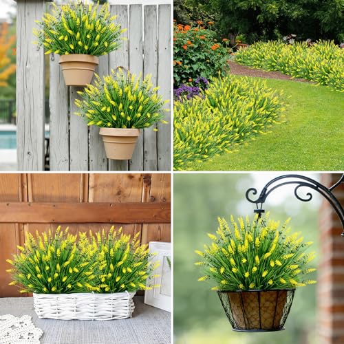 Image of Bassion 24 Bundles Fake Lavender Artificial Flowers for Outdoors, Yellow | UV resistant, plastic lavender with monkey grass, faux plants, home porch garden window box outdoor indoor decorations