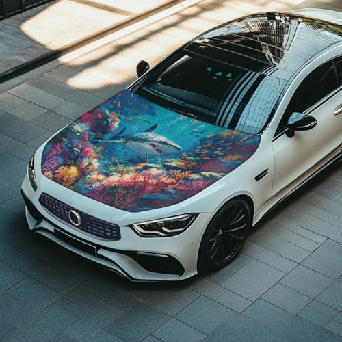 Image of Car Hood Cover for Compact Sedans SUV Trucks,Shark Theme 59x39 Inches Stretchable Auto Hood Wraps Vehicles Banner Automotive Exterior Accessories