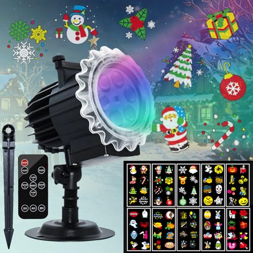 Projecteur Noël Extérieur avec Télécommande, 10 Diapositives HD 80 Motifs avec Minuteur, Lumière LED Étanche Lumière Projecteur Flocon de Neige pour Décoration Noël, Fête, Halloween