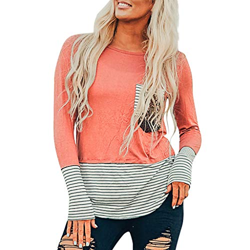 Women Long Sleeve Blouse Sequins Front Pocket T Shirts Lightweight Striped Pullover Casual Tunic Tops Pink