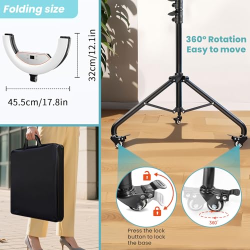 MACTREM 22" Foldable Ring Light with Stand for iPhone ipad, 75" Tripod with Wheels 50W 6500K LED Display/2 USB Ports Large Ringlight Rolling, Tattoo Barber Makeup Studio Video Photography Lighting