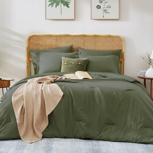 Image of Oversized Queen Comforter Set -7 Pieces Soft Bed in a Bag Queen Bedding Set | Prewashed All Season Comforter with Sheets, Pillow Shams & Pillowcases,Olive Green