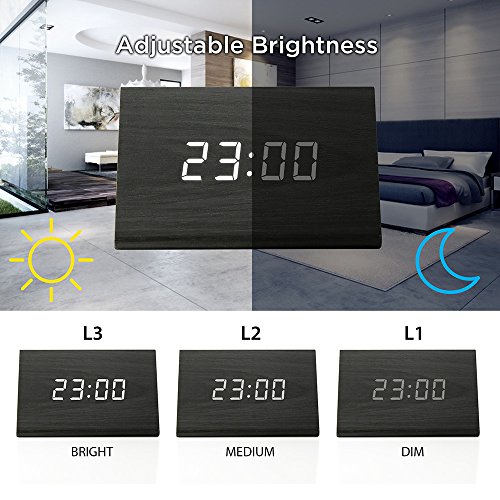 OCT17 Wooden Wood Clock , 2020 New Version LED Alarm Digital Desk Clock Adjustable Brightness, Alarm Time, Displays Time Date Temperature - Black (White Light)