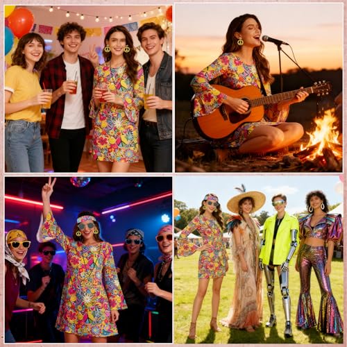 AYBUY Women’s Hippie Dress, 60s 70s Fancy Dress Women Disco Outfit with Necklace, Earrings, Sunglasses and Band, 1960s 1970s Retro Hippy Clothes for Halloween Carnival Cosplay Party, M - Image 6