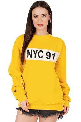 LEOTUDE Women's Loose Fit Full Sleeve Roundneck Loopknit Sweatshirt (GRL_Navy_Star_P_Mustard_M)