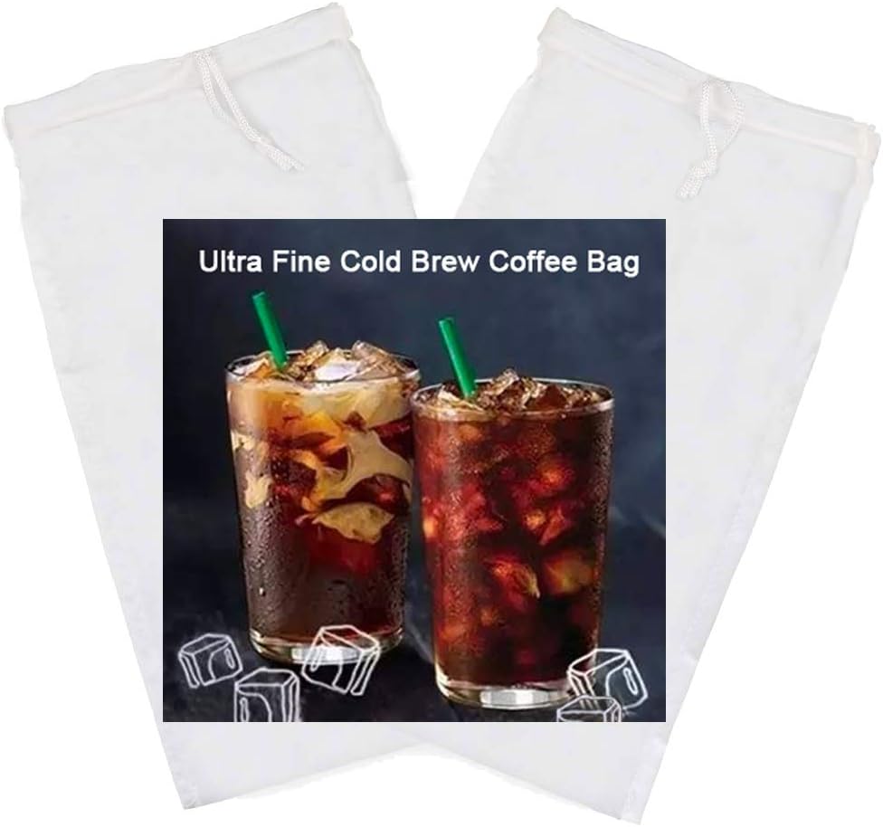 Tinnkee 2 Pack Cold Brew Coffee Bag,120 Micro Food Grade Nylon Ultra Fine Mesh, 8.6x5 inch Reusable Cold Brew Coffee Filter with Seamless Bottom, Coffee Maker
