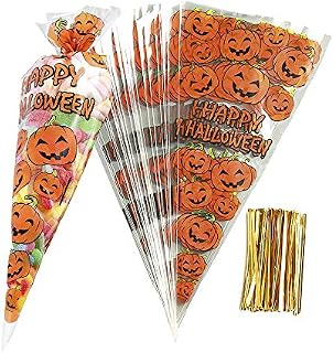 RFWIN 100Pcs Pumpkin Cone Bag Halloween Clear Cellophane Treat Bags, Party Favor Bags with Gold Twist Ties for Candy Cookies