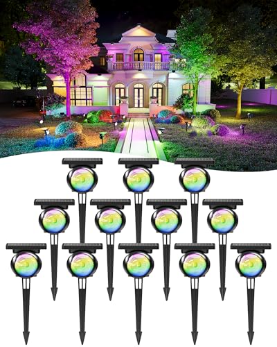 Image of Focusing Solar Spot Lights Outdoor Waterproof, RGB+3CCT Tree Uplights 12Pcs | Multicolor Focused Lens Spotlight, Dusk-to-dawn Light, Stake or Wall Mounting for Yard Landscape Garden Path Halloween Decor