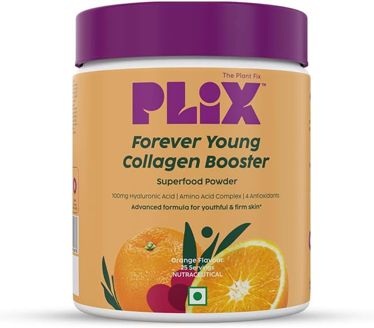 PLIX Collagen Supplement Powder to support Skin Elasticity, Firmness & Youthful Glow | 100% Plant-based with Hyaluronic Acid & Vitamin C | For Women & Men | Orange Flavour, Pack of 1
