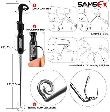 SAMSFX Fishing Quick Knot Tying Tool, Hair Rig and Hook Tier, Loop Tyer, Hook Sharpeners, Fishhook Disgorger Dehooker and Zinger Retractors Combo