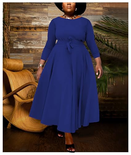 Image of Hostoyo Women Plus Size Formal A Line Maxi Dress Self Tie Waist with Pockets Elegant Round Neck Swing Long Dresses