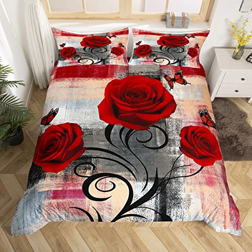 Rose Comforter Cover Red Rose Floral Print Bedding Set Flower Butterfly Duvet Cover for Children Kids Boys Girls Microfiber Modern Fashion Marble Style Bedspread Cover Room Decor Bedclothes