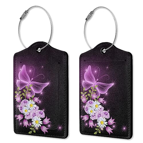 Luggage Tags for Suitcases, 2 Pack Fantasy Purple Butterflies Luggage Tag, Leather Stainless Steel Loop Label Tag for Men Travel Bag Suitcase