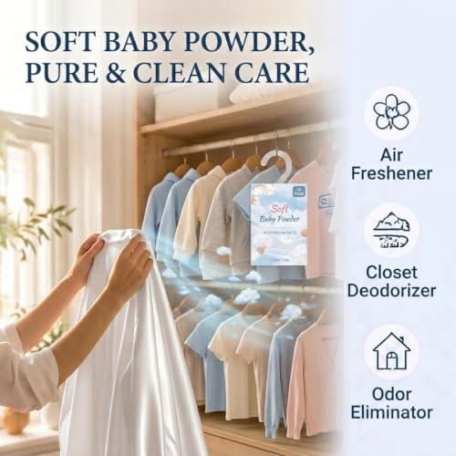 Image of 12 Packs Baby Powder Hanging Scented Sachets for Drawers and Closets with Retractable Hook| Long-Lasting Closet Air Freshener & Closet Deodorizer | Closet Scent Freshener