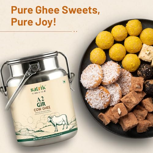 Image of Satvik A2 Gir Cow Ghee 2.5 Litre with (Stainless Steel Dolchi) | Churned from Vedic Bilona Method Pure A2 Cow Desi Ghee | Rich in A2 Beta Casein Protein & Vitamin A, D, E, K | Helps Improve Digestion