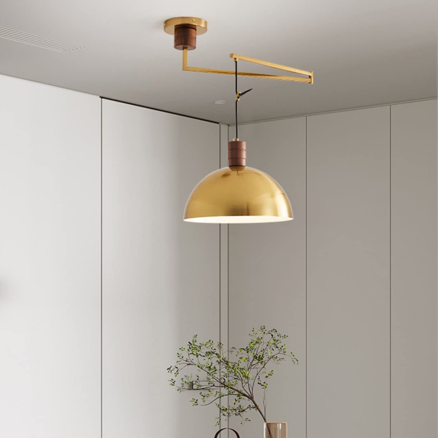 Aeyee Industrial Pendant Light Fixture, Swing Arm Hanging Light, Adjustable Dome Ceiling Pendant Light for Dining Room Living Room in Brass