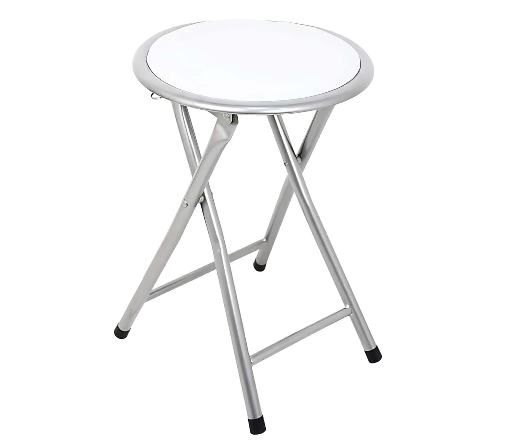 PREMZO Round Folding Stool Soft Padded Seat Compact Foldable Space Saving Lightweight Metal Frame Rubber Feet Free Standing for Home Office Breakfast Kitchen Bar (White)