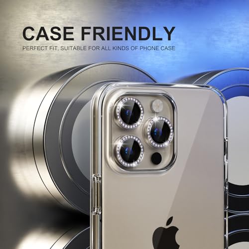 Image of Choiche Compatible for iPhone 15 Pro /iPhone 15 Pro Max Camera Lens Protector Bling, 9H Tempered Glass Camera Cover Screen Protector Metal Ring Decoration Accessories (Diamond-Titanium Natural)