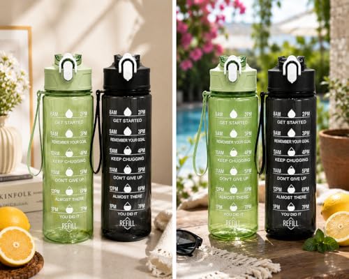 MADHUMA 1 L Capacity Transparent Motivational Water Bottle with Belt Straw, Time Marker, Leak Proof & Break-Proof, BPA-Free Plastic, Best for Office/School/Gym/Travel (Green+Black)