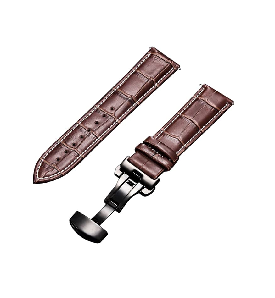 Image of 18mm 19mm 20mm 21mm 22mm 23mm 24mm Genuine Leather Butterfly Deployment Clasp Buckle Watch Band Strap Black Dark Brown TAN Blue Rose Black Gold White