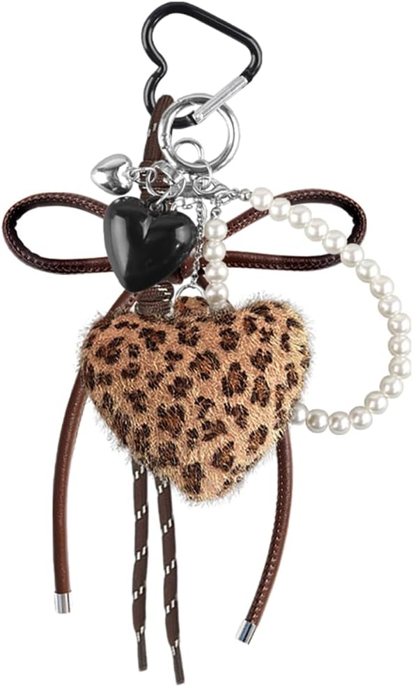 Brown Plush Heart Leopard Keychains with Pearl Braided Rope,cheetah Print Key Chains Women Cute Keychain Accessories Kawaii Plush Bag Charm for Handbags Tote Bags Purse Keychain for Car Keys Backpacks