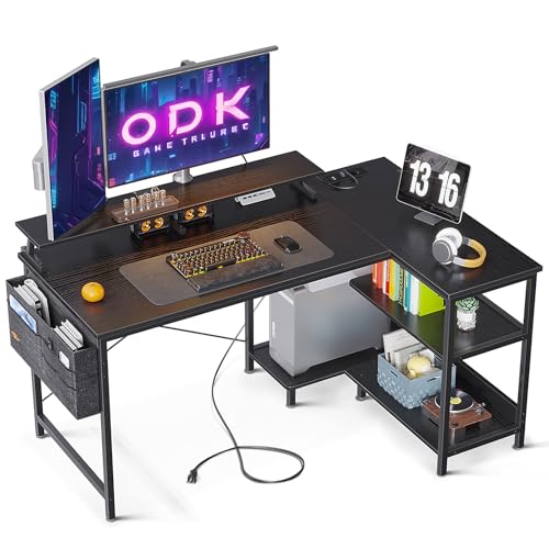 ODK Gaming Tisch L Form, 120x80cm Schreibtisch L Form mit Regal Reversibe, Eckschreibtisch mit USB-Ladeanschluss & Steckdose, Ecktisch mit Monitorständer für Büro, Heimbüro, Schwarz