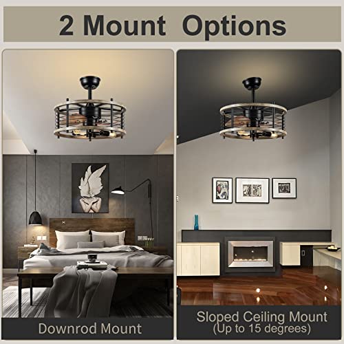 Shihot Farmhouse Caged Ceiling Fans With Lights And Remote, 20'' Rustic Vintage Wood Ceiling Light Black Metal, Industrial Light Fixture For Hallway Entryway Bedroom Balcony Dining Room, Reversible #TOP5