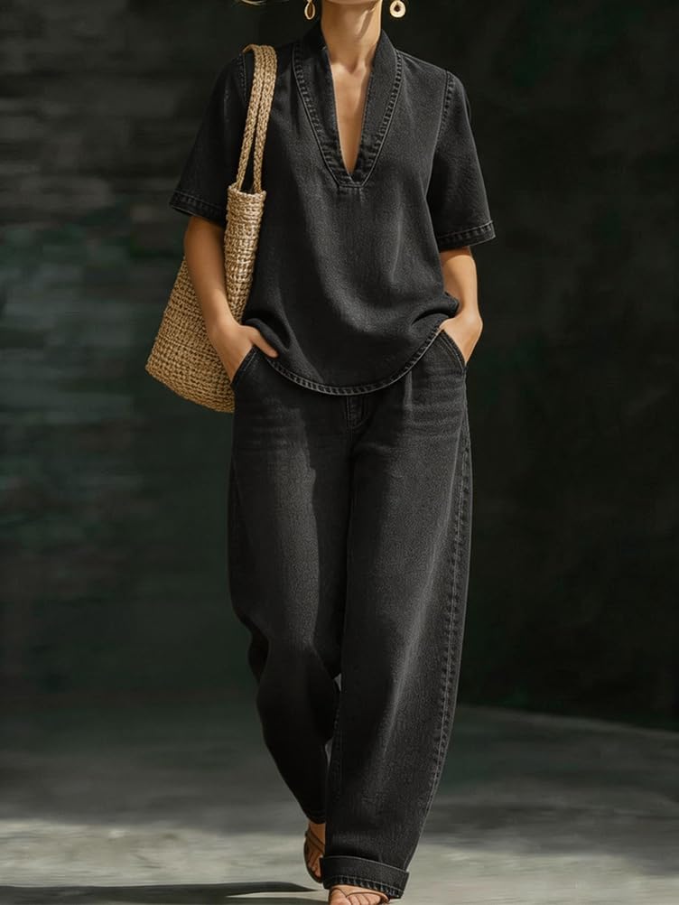 shownicer Ensemble Femme 2 Pièces Chic et Elegant Tenue sans Manche Top Et Jeans Pantalon Ensembles Ete Col en V Décontractée Tenue
