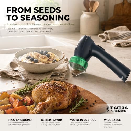 Image of Mamba Original USB One-Hand Spice Grinder with Aluminum Teeth, Gray | Aluminum teeth, one-handed prep, clear cone spout, USB cable, cleaning tools, reverse grinding, portable convenience