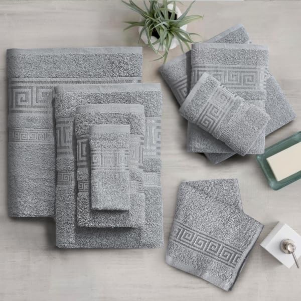 Riccardo Valeria Towel Set Super Soft & Absorbent 500 GSM with Elegant Viscose Greek Border 100% Egyptian Cotton Towels (Light Grey, 8Pieces:2 Bath + 2 Hand + 4 Face Towels)