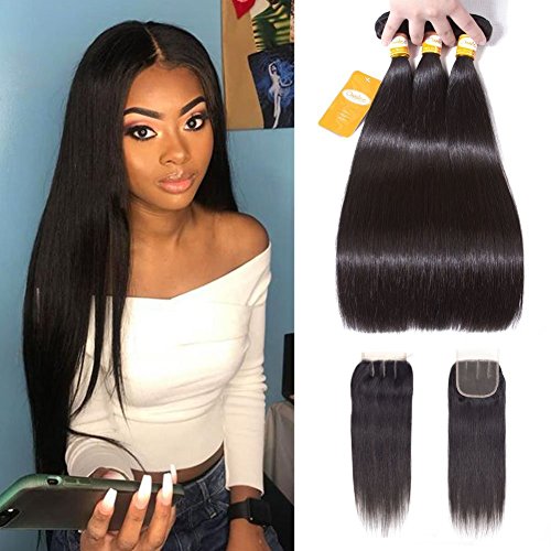 Ossilee Straight Hair Bundles with Closure Brazilian Virgin Hair Three Part Lace Closure with Bundles 8a Straight Hair with Closure (20 22 24+18 Three Part Closure, Natural Color)