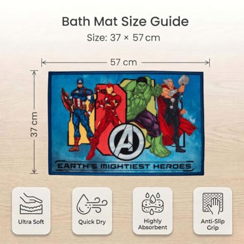Image of Athom Living Marvel Avenger Character Printed Earth's Mightiest Heroes, Multi Colour Kids Nylon Bathmat, with Latex Backing, Anti-Skid Bathmat, 37 x 57 cm, Pack of 1