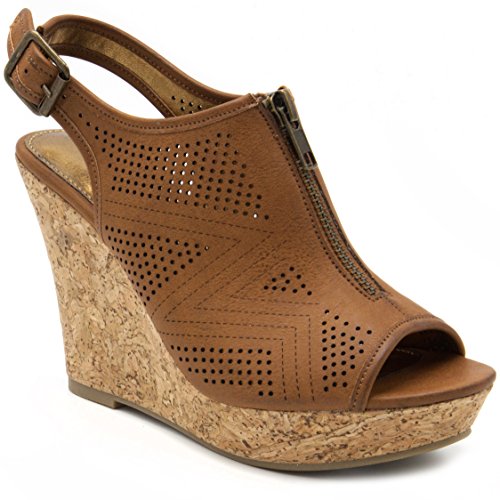 Sugar Women's Caty Fashion Slingback Peep Toe Cork Wedge Sandals With Perferated Design Zipper and Buckle 7.5 Dark Natural