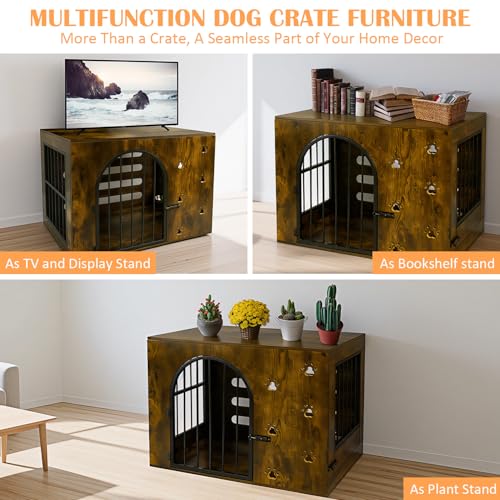 Dog Crate Furniture for Small Medium Dogs, Heavy Duty Wood Metal Indoor Dog Kennel with Bowls, Decorative Pet Cage Dog House as TV Stand, Brown - Image 6