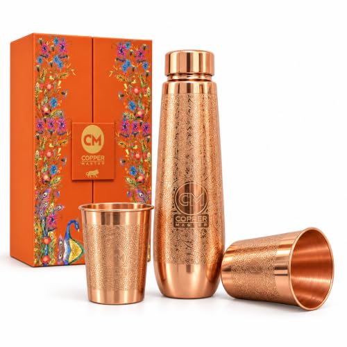 Image of Copper-Master Pure Copper Water Bottle 1L & 2 Glasses Set, Polo Etched