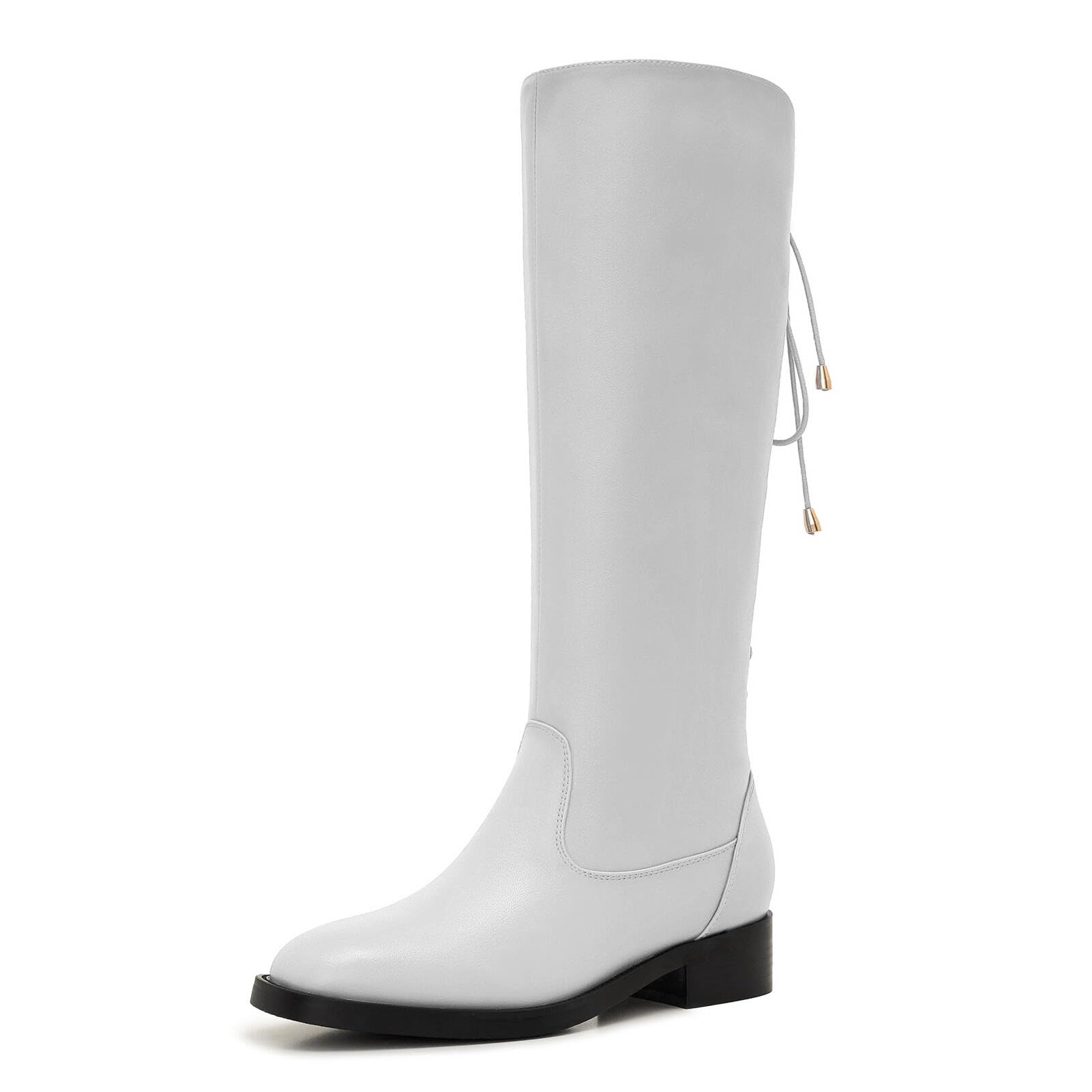Wide Calf Knee High Boots Adjustable Lace-Up Back Low Heel Plus Size Riding Style