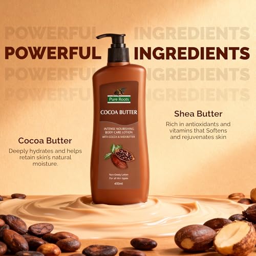 Image of Pure Roots Body Lotion Combo - Fruit Lotion & Cocoa Butter (400ml x 2) | Pack of 2 Moisturizing Body Lotion for Men & Women | Fast Absorbing, Non-Sticky | Deep Nourishment & Instant Hydration for All Skin Types | All Season Use