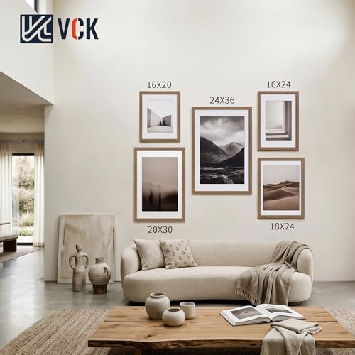 Image of VCK 16x24 Picture Frame 5 Pack, Walnut Exclusive Wood, 12x18 Mat, for Print