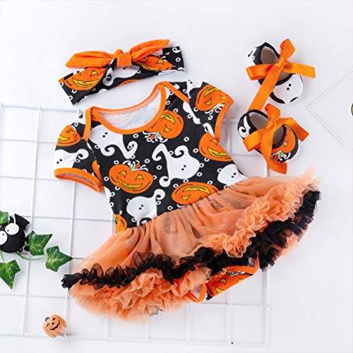 Conjunto de 3 peças em 1 KesYOO de Halloween com estampa de abóbora, vestido de manga curta e sapato