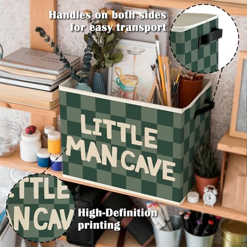 Image of Little Man Cave Boys Storage Bins Box with Handles, Green Checkered Pattern Collapsible Basket Organizer for Kids Boys Playroom Nursery Room Bedroom Bathroom Books Clothes