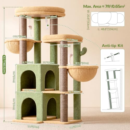Image of Globlazer Cat Tree Tower for Indoor Cats, Sturdy Adult Cat Tree House for Large Adult Cats with 2 Platform, 6 Cat Scratching Post, 2 Cat Caves, Dangling Toys, S63, 63 inch, Green