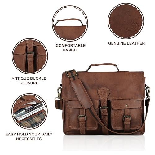 Image of Leather briefcase 18 inch laptop messenger bag for men and women best satchel office bag