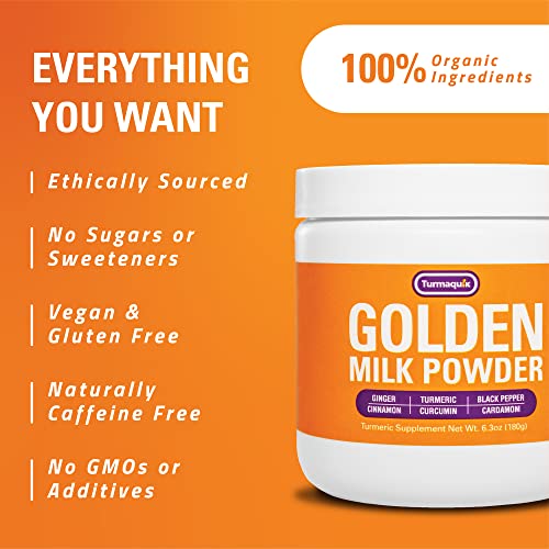 Turmaquik Organic Golden Milk Turmeric Powder Mix + Superfood Blend of Ginger, Black Pepper, Curcumin, Cinnamon, Cardamom - Non-GMO, Vegan, Keto, Ayurvedic (6.3 Ounce)