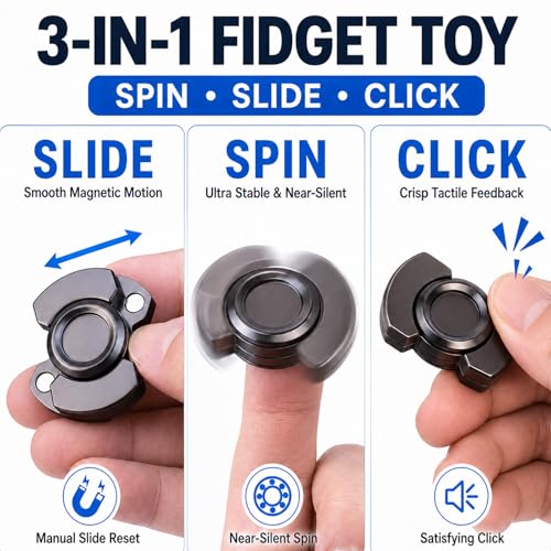 3-in-1 Fidget Spinner, Slider, Clicker| EDC Metal Fidget Toys Adults | Stainless Steel Bearing Stable Spin | Help Relieves Anxiety & Tension | Enhances Focus & Clarity | Compact & Portable, Black - Image 3